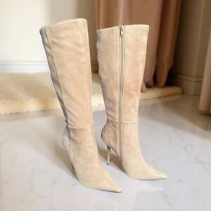 Aqua NWT Sz 8M Aqua Shea Elegant Beige Leather Knee-High Heeled Boots (SH152)